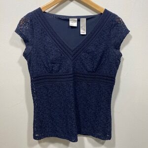 Emma James Navy Lace‎ V Neck Cap Sleeve Top Womens Small